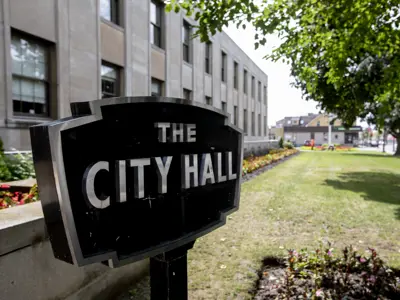 Front exterior City Hall with sign