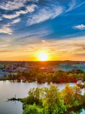 Aerial view of central Peterborough at dawn in spring