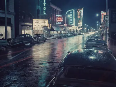 Nighttime photo of downtown street with neon signs on buildings