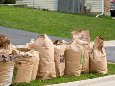 Several yard waste bags are placed curbside ready for collection